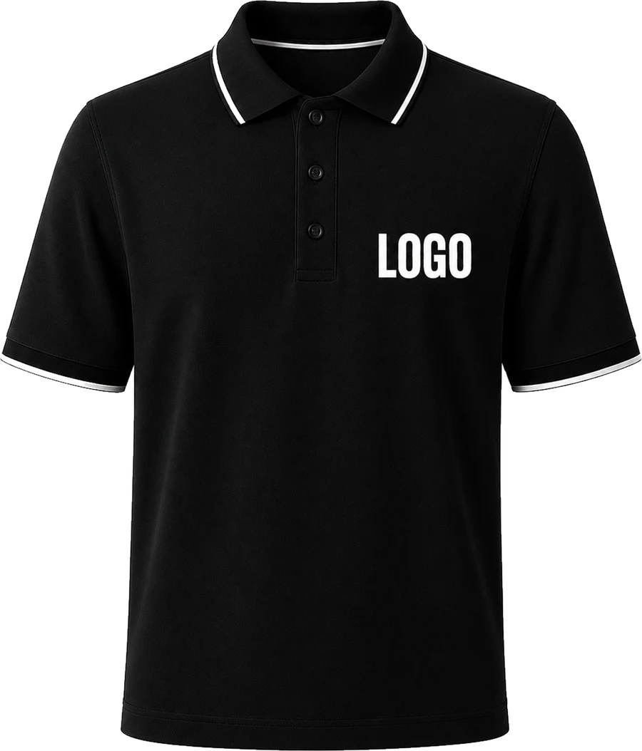 Black custom polo T-shirt with your logo printed on the chest
